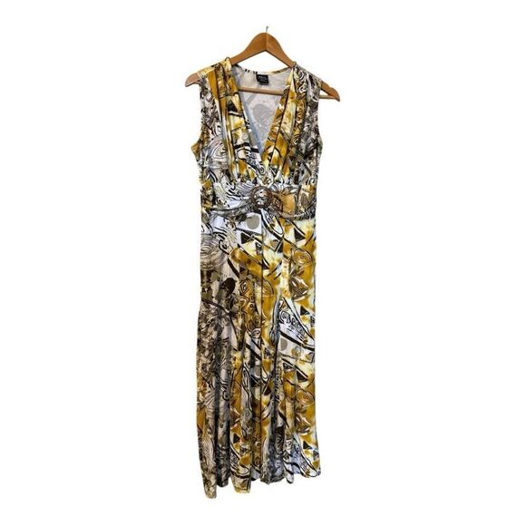 Tribal Women's Size M Sleeveless Stretch Midi Dress Gold Black Abstract Boho - Picture 1 of 15